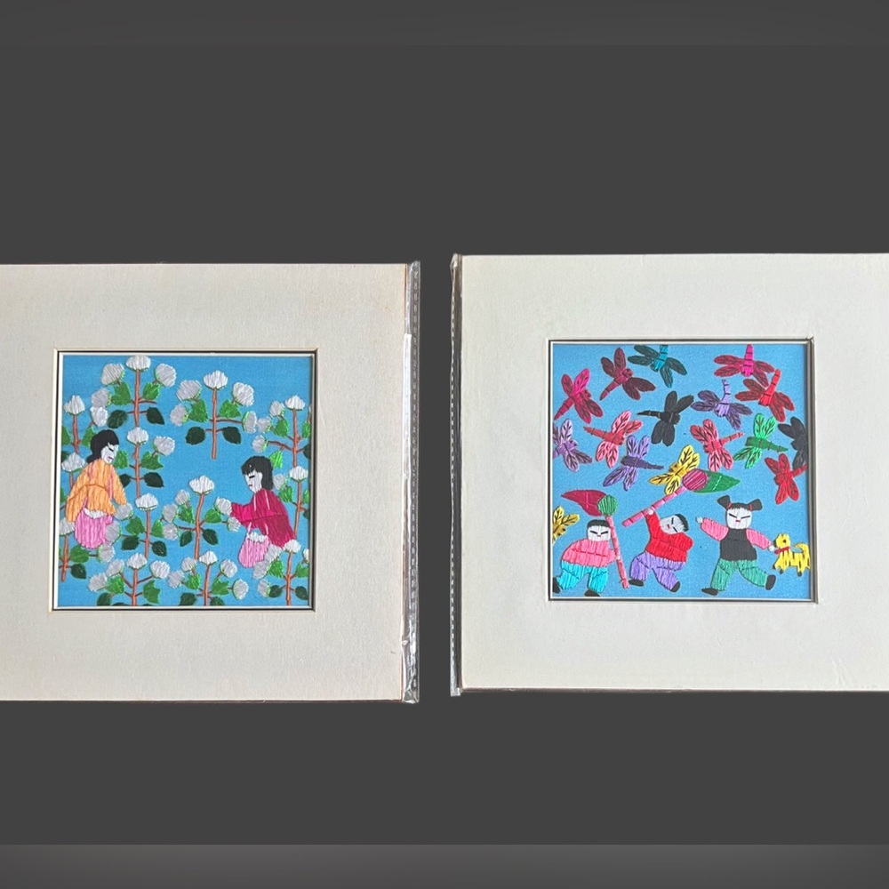 Asian Hand Crafted Bright Blue Folk Art Silk Embroidery Pair